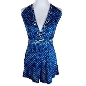 Lucky Brand LK7TF37 Blue Halter Romper Boho Print Tassel Tie Costal Hippy M